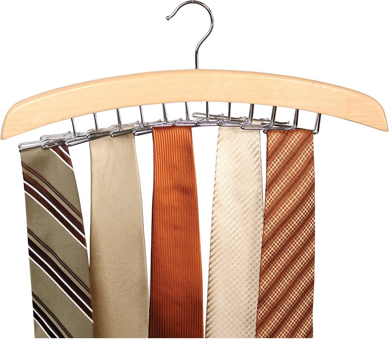 Richards Wooden Tie Rack Hanging Organizer for Mens Closet Accessories, Space Saving Necktie Holder for Storage and Display, Holds 24 Ties, Hook, Natural Wood with Chrome Accents - Image 1